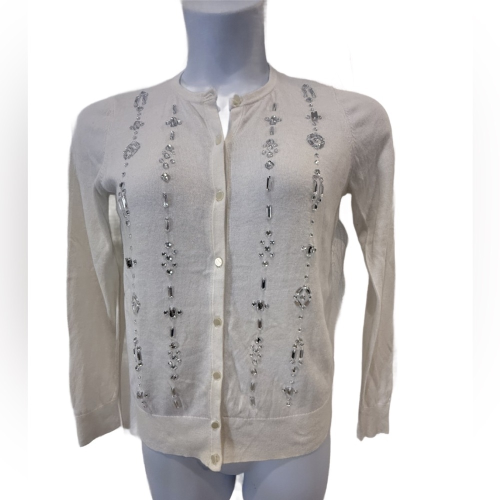 Ann Taylor Ivory rhinestone Embellished Cardigan Holiday Sweater. PM